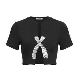 Commense Black Crop Top with Silver Crystal Bow